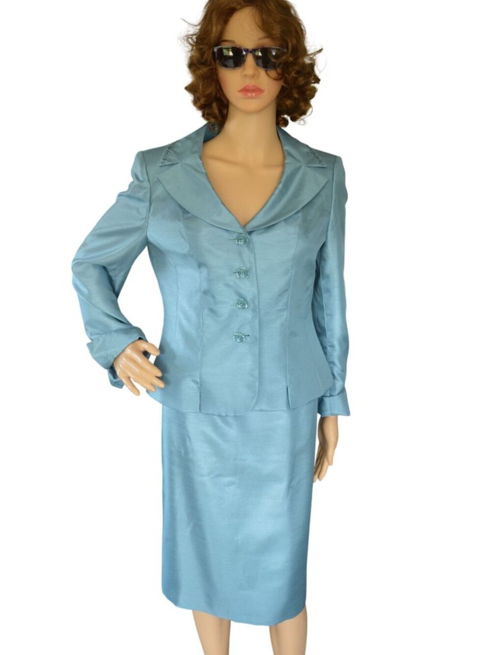 Le Suit Collections Teal Blue 2 Piece Skirt Suit Set Women's Size 8 Mature